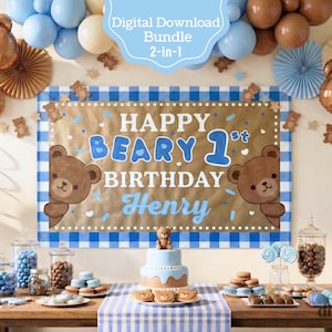 Banner de osito de peluche de cuadros azules para primer cumpleaños / Letrero de osito de peluche de feliz primer cumpleaños / Fondo de pintura trazadora DIY de 5x3 / Imprimible de 2x6