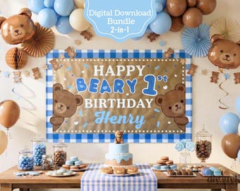 Banner de osito de peluche de cuadros azules para primer cumpleaños / Letrero de osito de peluche de feliz primer cumpleaños / Fondo de pintura trazadora DIY de 5x3 / Imprimible de 2x6