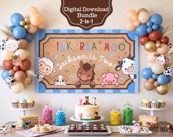 Plantilla de pancarta de cumpleaños número 2 de Oink Baa Moo / Canva editable de animales de granja / Cumpleaños editable de corral / Imprimible de 2'x6' / Letrero para pintar de 3'x5'