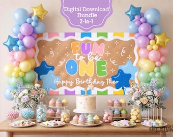 Pancarta de cumpleaños "Diversión para cumplir un año", fondo editable para el primer cumpleaños, plantilla de Canva, letrero pintable DIY de 152 x 91 cm, decoración de fiesta imprimible de 182 x 61 cm