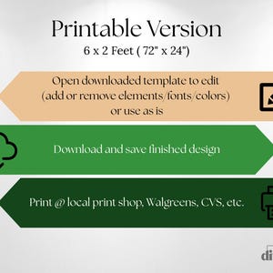 May include: A printable version graphic with instructions. The text reads "Printable Version" and "6 x 2 Feet (72" x 24")". Instructions include editing the template, downloading the design, and printing at a local shop. The graphic uses beige and green arrows.