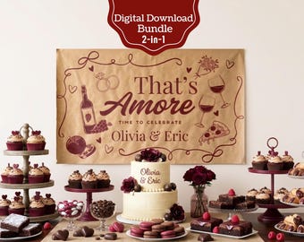 Banner para fiesta de compromiso "That's Amore", plantilla editable de Canva, decoración para despedida de soltera con temática italiana, letrero imprimible DIY de 152 x 91 cm pintado a mano, de 182 x 61 cm.
