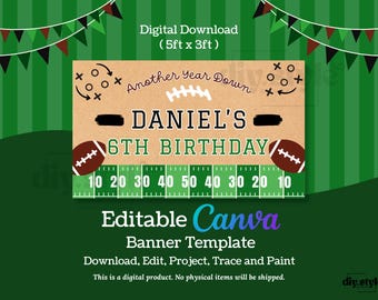 Plantilla de pancarta de cumpleaños de fútbol, cartel editable de cumpleaños "Otro año menos", decoraciones para fiestas temáticas deportivas, pancarta estilo pintado a mano DIY