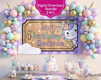 Magical Girl Unicorn Birthday Banner Template, DIY 5'x3' Paintable Backdrop, 6'x2' Printable Pastel Rainbow Sign, Digital Download Canva
