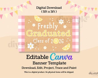 Plantilla de pancarta de graduación con diseño de limón / Fondo para fiesta de recién graduados / Letrero cítrico de la promoción de 2026 / Plantilla editable de Canva / Plantilla de 5x3