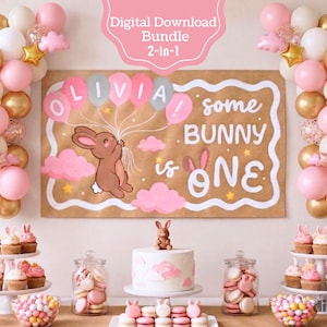 Banner "Some Bunny is One", sfondo per il primo compleanno a tema coniglietto, modello Canva modificabile, cielo e stelle, banner fai da te dipingibile 5'x3', banner stampabile 6'x2'