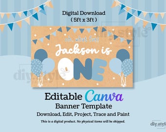 Banner editable para el primer cumpleaños de niño / Fondo para fiesta "Oh What Fun Is One" / Plantilla de banner estilo pintado a mano DIY / 5x3