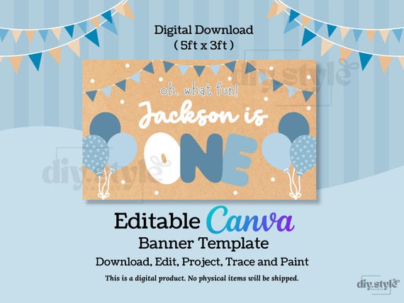 Editable 1st Birthday Banner Boy | Oh What Fun Is One Party Backdrop | DIY Hand Painted Style Banner Template | 5x3