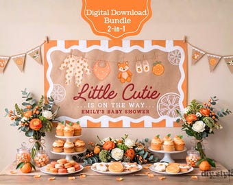 Plantilla de pancarta para baby shower "Little Cutie", color naranja cítrico, letrero de zorro en tendedero, letrero imprimible DIY de 152 x 0,91 m (5' x 3') para pintar a mano.