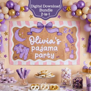Editable Sleepover Party Banner, Pajama Birthday Backdrop, 6'x2' Printable or 5'x3' Paintable Template, Girl Slumber Party, Digital Download