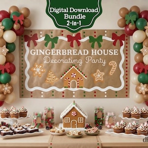 Könnte beinhalten: Ein Party-Display mit einem braunen Banner mit dem Text Gingerbread House Decorating Party, umgeben von roten, grünen und beigen Luftballons. Darunter befinden sich Cupcakes, mit Süßigkeiten gefüllte Gläser und ein Lebkuchenhaus auf einem Tisch.