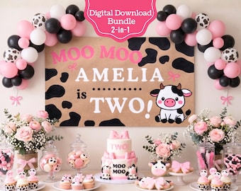 Plantilla de pancarta de cumpleaños "Moo Moo cumple dos años" / Fondo de cumpleaños de vaca rosa para el segundo cumpleaños / Letrero editable de animales de granja para fiesta / Diseño de Canva para pintar o imprimir (hazlo tú mismo)