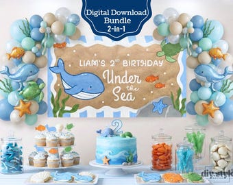 Banner de cumpleaños bajo el mar / Linda fiesta neutral con temática oceánica / Plantilla editable de Canva / DIY 1,5 x 90 cm para pintar / 1,8 x 60 cm para imprimir / Segundo cumpleaños