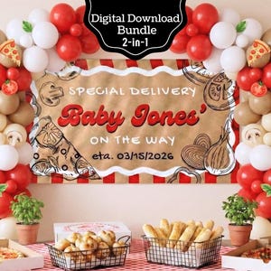 Special Delivery Pizza Baby Shower Banner Template | Pizza Theme Party Backdrop | 6'x2' Printable Sign | DIY 5'x3' Paintable Banner | Canva