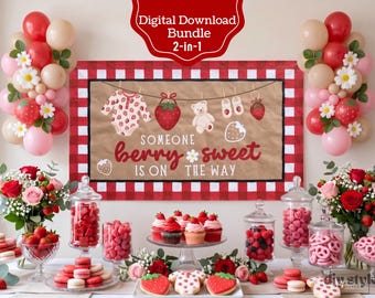 Banner para baby shower "Berry Sweet", "Strawberry Someone Berry Sweet is on the Way", plantilla editable de Canva, para pintar (5'x3'), imprimible (6'x2').