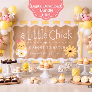 May include: A baby shower display featuring a sign reading "a Little Chick is About to Hatch", balloons, and various desserts. The sign has brown and yellow elements, with a chick illustration. Desserts include cupcakes, cookies, and sweets. Balloons are yellow, white, and brown.