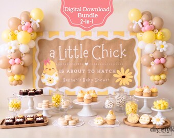 Un pollito está a punto de nacer - Banner para baby shower, plantilla editable de Canva, letrero de girasol primaveral para baby shower, imprimible y para pintar (hazlo tú mismo)