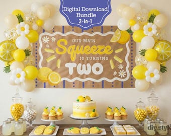 Our Main Squeeze Lemon Birthday Banner Canva Template, Editable Yellow Birthday Sign, Digital Download, 5x3 DIY Hand Painted, 6x2 Printable