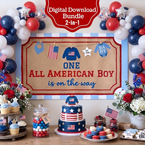 Babyshowerbanderoll för All American Boy, redigerbar canvasmall, gör-det-själv 1,5 x 9 cm övermålningsbar skylt, 15 x 6 cm utskrivbar bakgrund, USA röd vit blå