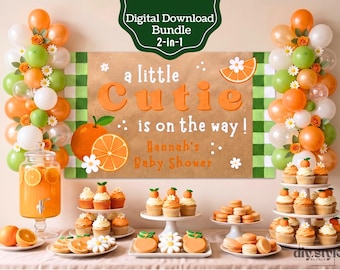 Plantilla de pancarta para baby shower "Little Cutie", color naranja cítrico, letrero "Un pequeño tesoro está en camino", pancarta imprimible DIY de 152 x 91 cm (5' x 3') para pintar a mano, de 183 x 61 cm (6' x 2').