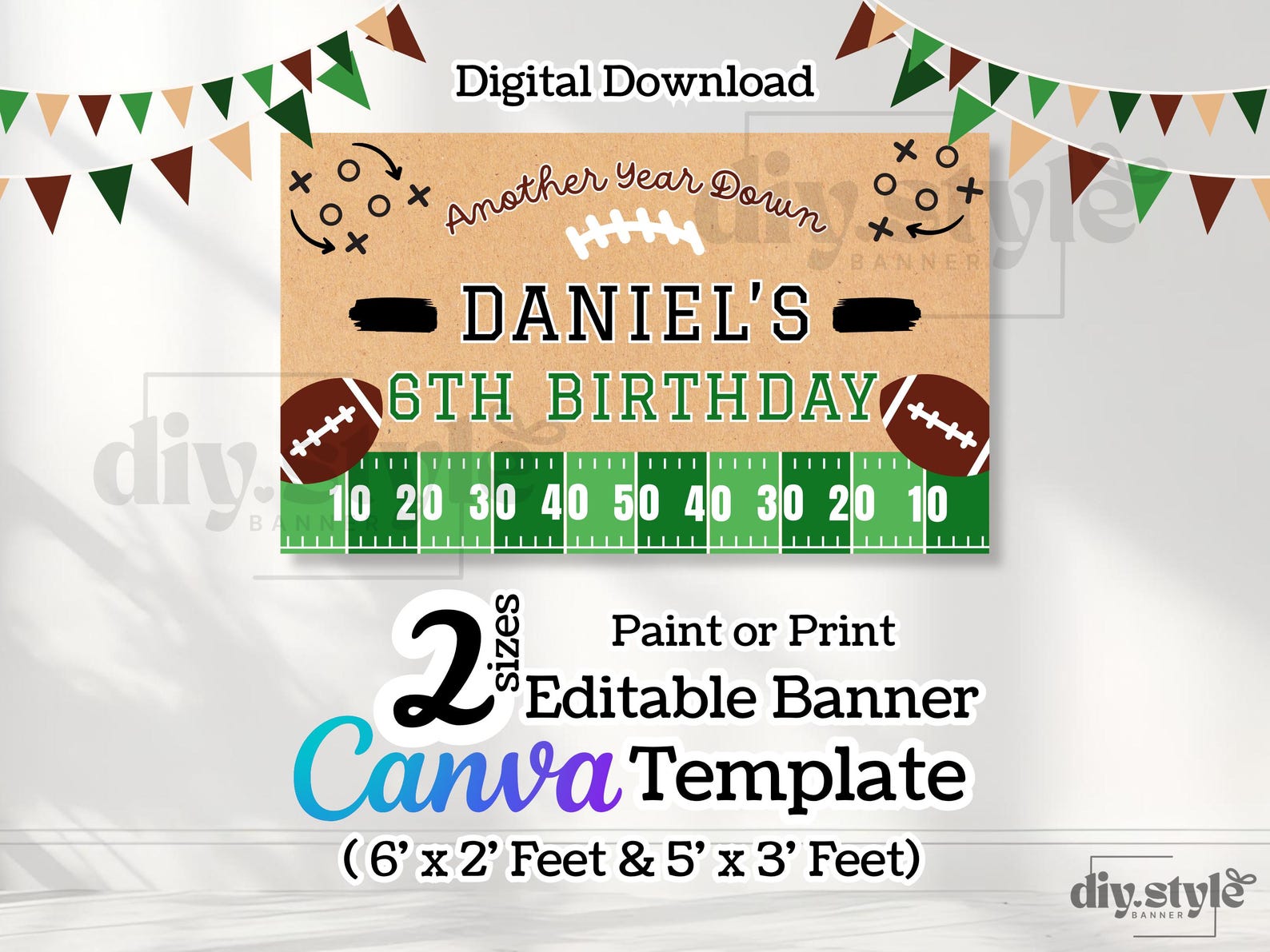 5x3 Sign Editable Football Birthday Banner Template | Touchdown Party Backdrop ...