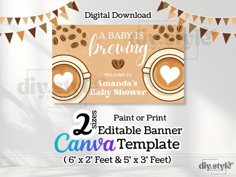 A Baby Is Brewing Banner | Coffee Baby Shower Backdrop | Rustic Gender Neutral Decoration | DIY Paint or Print | Editable Canva Template image 2