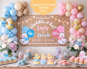 Plantilla de pancarta para revelación de género "Waddle It Be", anuncio de bebé "Niño o Niña" con pato, letrero pintado a mano de 152 x 0,91 m (DIY), pancarta imprimible de 183 x 0,61 m (63 x 0,61 m)