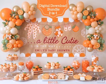 Plantilla editable para pancarta de baby shower "Little Cutie", fondo naranja cítrico, zorro clementina, pancarta para pintar de 152 x 91 cm (DIY), cartel imprimible de 183 x 61 cm (63 x 21 cm)