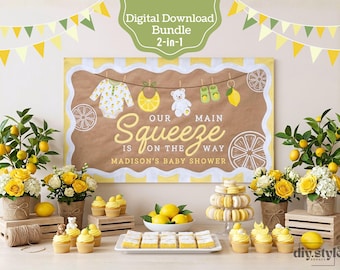 Banner para baby shower "Main Squeeze" / Fondo editable para baby shower con diseño de limón / Decoración imprimible para fiestas con temática cítrica / Plantilla de Canva para letreros pintables DIY