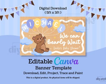 Banner editable para baby shower "Bearly Wait", letrero para baby shower de niño con osito de peluche, plantilla de Canva azul y amarilla, 5x3 estilo pintado a mano DIY