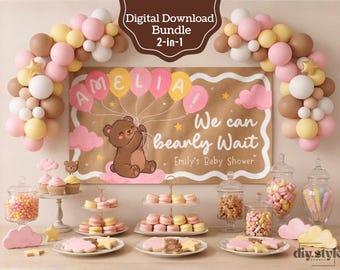 Banner para baby shower "We Can Bearly Wait" / Fondo editable de osito de peluche / Decoración para baby shower de niña / Plantilla de Canva / Letrero imprimible y pintable