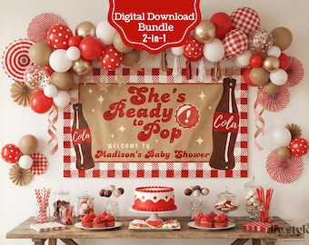 She's Ready to Pop Banner | Retro Baby Shower Backdrop | Cola and Sparkle | Red Gingham Decor | DIY Paint & Print Template | Editable Canva