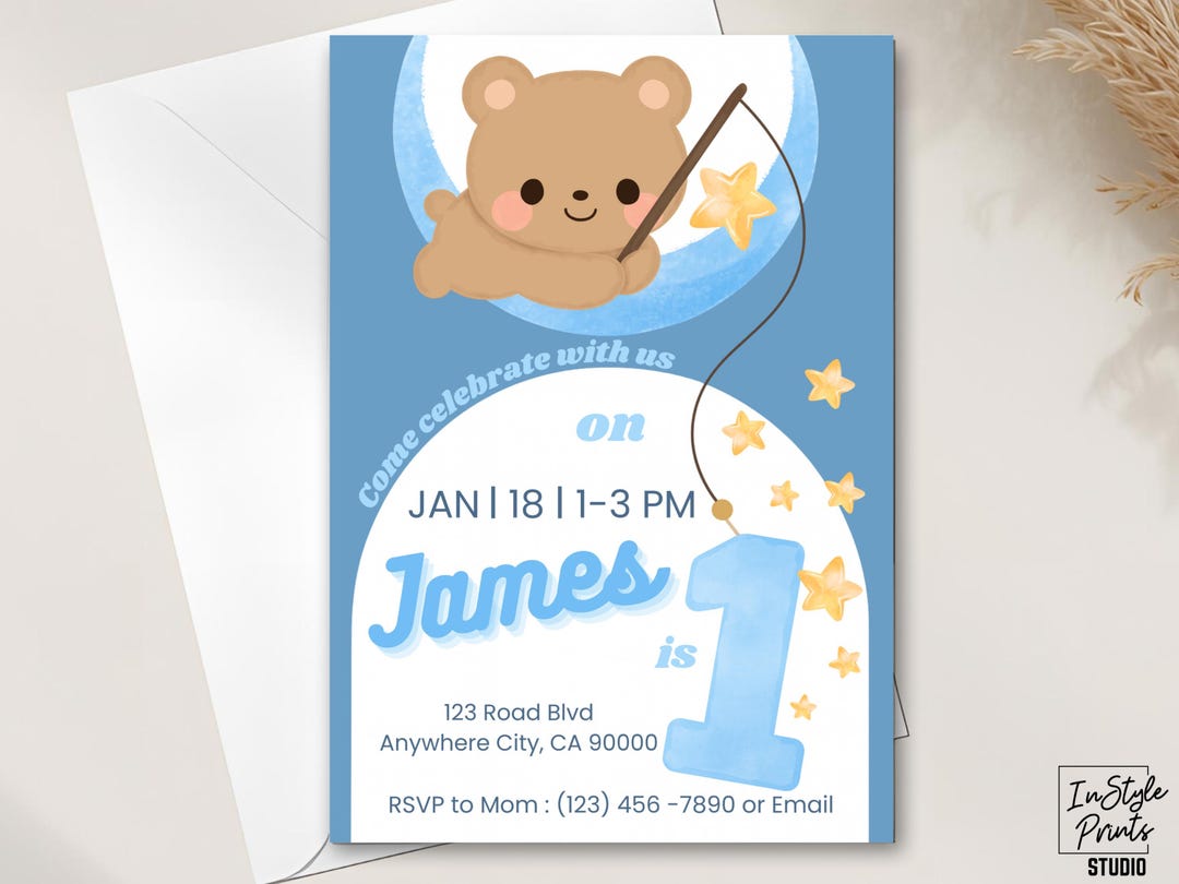 Teddy Bear First Birthday Invitation: Moon and Stars, Blue Boy Invite ...