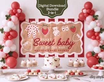Banner para baby shower "Berry Sweet", fondo para baby shower "Fresas", plantilla editable de Canva, imprimible para hacer tú mismo de 152 x 91 cm (5' x 3'), imprimible de 183 x 61 cm (6' x 2'), letrero de verano