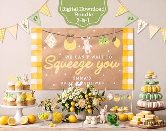 Plantilla de pancarta para baby shower "We Can't Wait to Squeeze You" / Fondo de conejito limón / Letrero editable de 152 x 0.91 cm (5'x3') para pintar / Pancarta imprimible de 183 x 0.61 cm (6'x2')