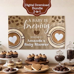 Banner "A Baby Is Brewing" / Fondo de baby shower con café / Decoración rústica de género neutro / Pintura o impresión DIY / Plantilla de Canva editable