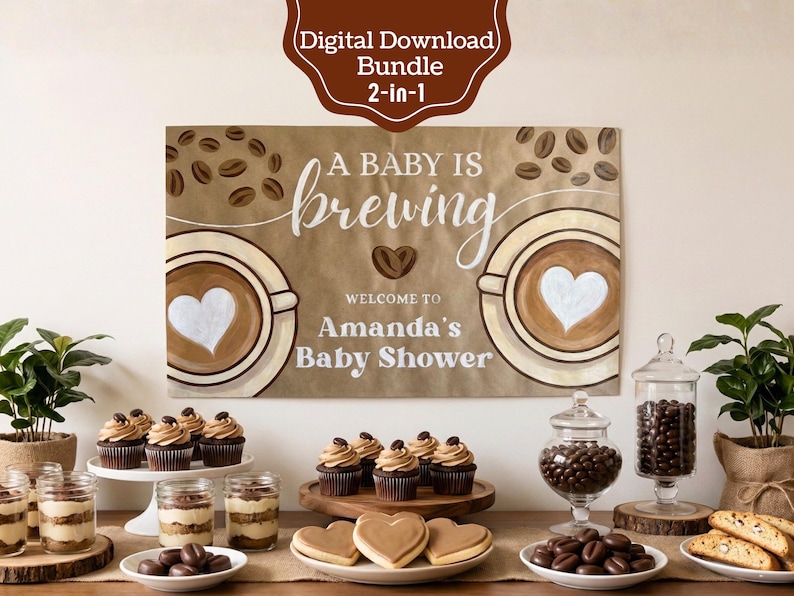 A Baby Is Brewing Banner | Coffee Baby Shower Backdrop | Rustic Gender Neutral Decoration | DIY Paint or Print | Editable Canva Template image 1