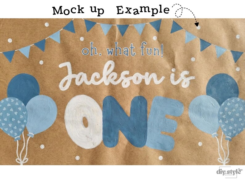 May include: A brown paper backdrop with the text "oh, what fun! Jackson is ONE" in white and blue. The design includes blue balloons and a banner, perfect for a first birthday celebration.