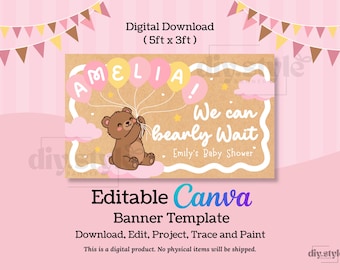 Plantilla de pancarta para baby shower de oso rosa, "Apenas podemos esperar", decoración editable en Canva de 152 x 91 cm para habitación de niña, letrero pintado a mano para manualidades, descarga digital.