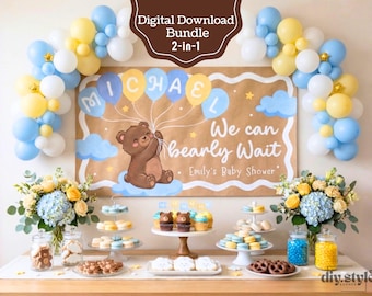 Plantilla de pancarta "We Can Bearly Wait" / Fondo de osito de peluche azul / Letrero editable de Canva para bebé niño / Pancarta para pintar de 152 x 0.91 m / Pancarta imprimible de 183 x 0.61 m