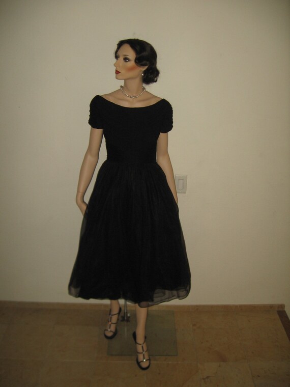 1950's EMMA DOMB Black chiffon Party Dress.