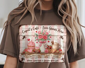 Camiseta con el cartel vintage de Cupids Cafe, Comfort Colors 1717, camiseta de San Valentín, Galentines, camiseta coqueta, camiseta floral de cupcakes de café