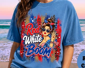 Camiseta Red White Boom Glitter Leopard / Camiseta Retro Pinup Girl del 4 de Julio / Camiseta Retro Americana del Cuatro de Julio