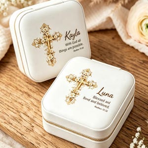 Personalisierte katholische Schmuckschatulle, Schmuckkästchen mit individuellem Namen, christliches Geschenk für Sie, Reise-Schmuckorganizer mit Bibelvers