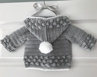Grey Hoody Hoodie Cardigan for a Baby Girl Size Newborn 0-3 Months Hand Knitted