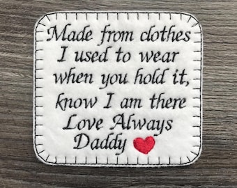 Personalised Memory Embroidery Bereavement Patch for a Memory Pillow Cushion or Bear Made from clothes I used to wear etc Iron or Sew On