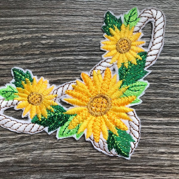 Pretty Yellow Flowers & Green Leaves on Rope Design Embroidery Patch Iron or Sew on Clothing Clothes Jacket Coat Sweatshirt Shirt Jeans Bag