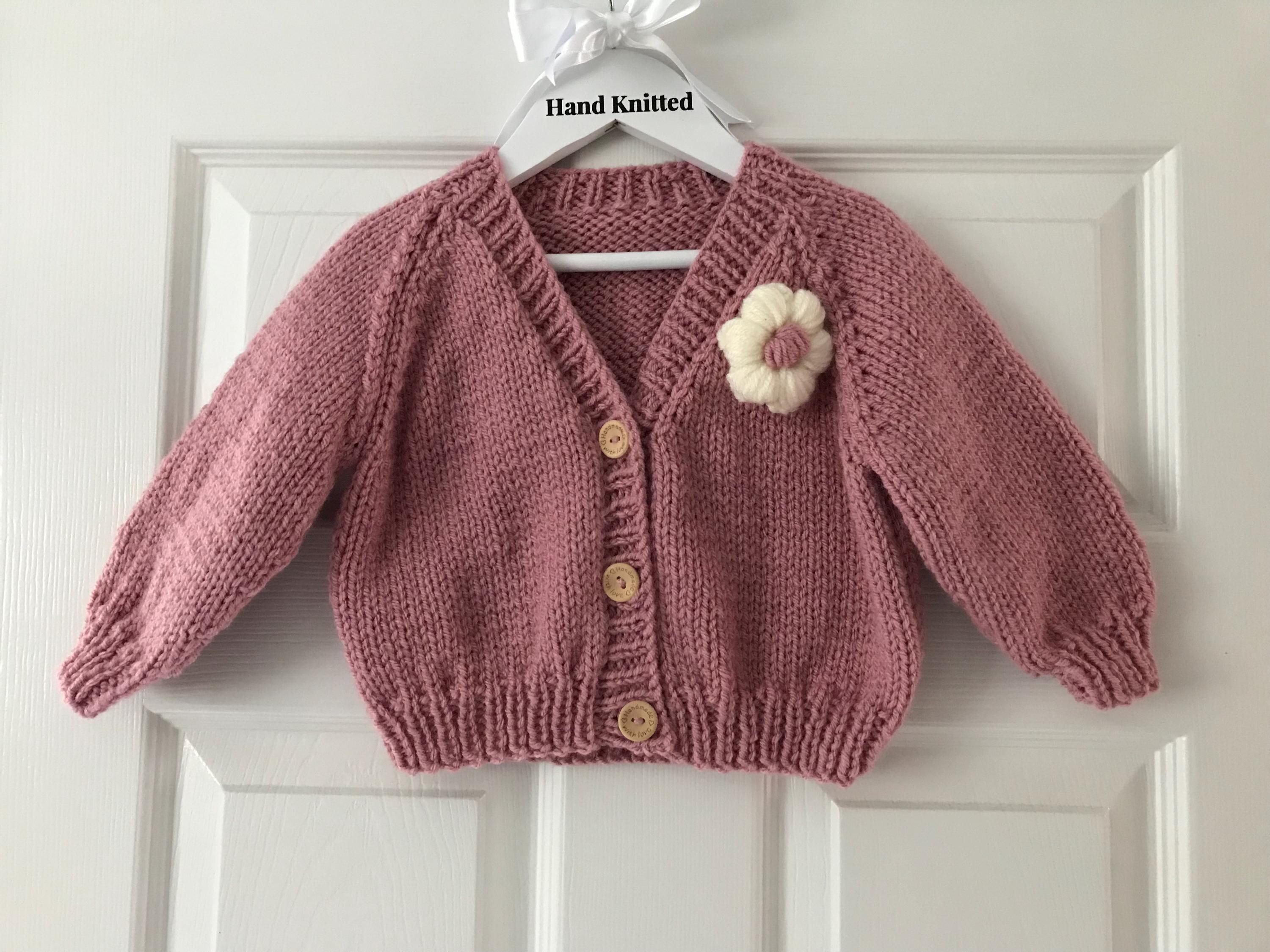 Babies Dusky Pink Cardigan Chunky Knit for a Baby Girl Size 6-12 Months Hand Knitted with pretty flower