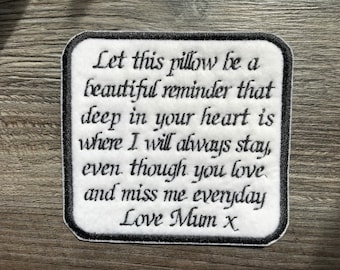 Gepersonaliseerde geheugenborduurpatch voor een geheugenkussen. Laat dit kussen een mooie herinnering zijn, enz. Vierkante patch strijken of naaien