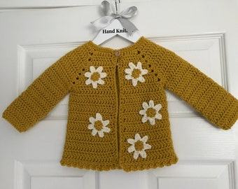 Babies Mustard Flowered Floral Cardigan for a Baby Girl Size 6-12 Months Hand Knitted Crocheted